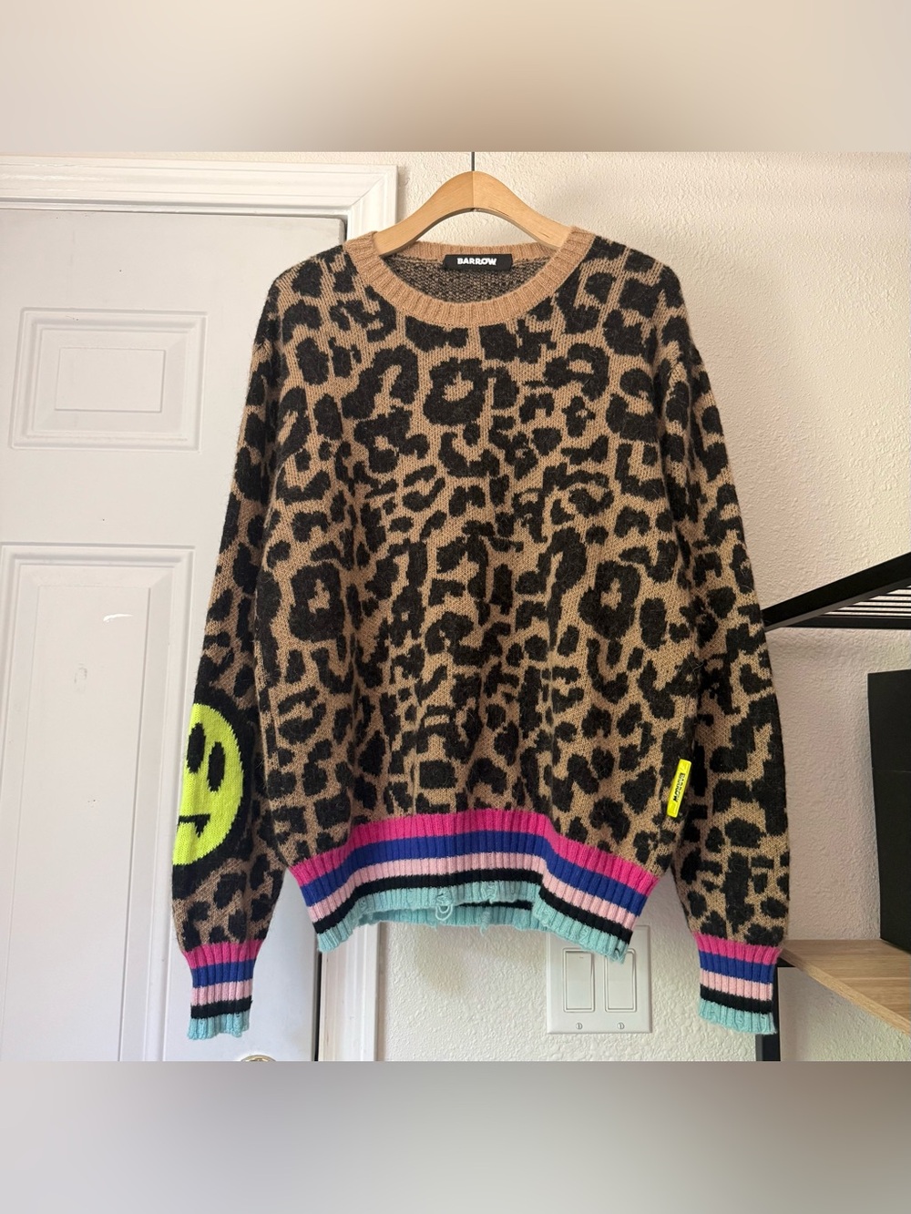 BARROW tan black multicolor mohair cashmere knit‎ crew leopard pullover sweater